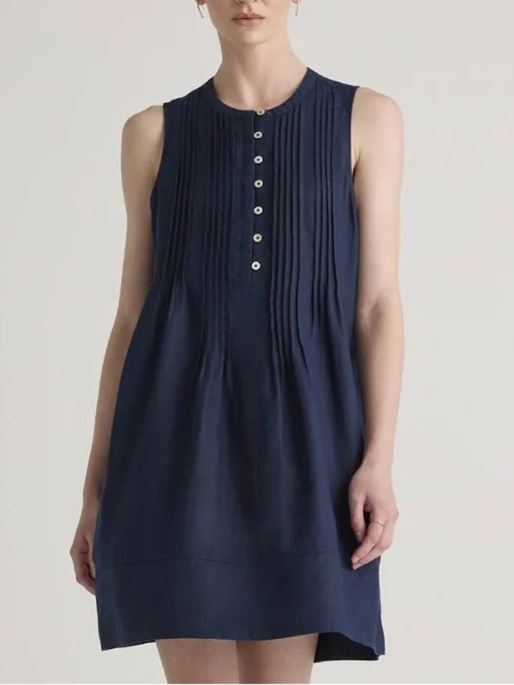 Quince 100% European Linen Pintuck Swing Dress Navy - Size Medium
